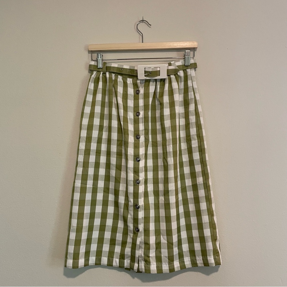 Modcloth Past But Not Least Belted Green and White Gingham Plaid Skirt, Size 4